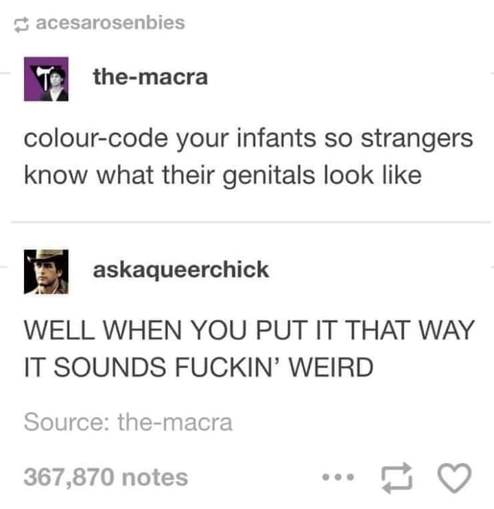 This meme is a humorous exchange between two users on the internet platform Reddit. The top comment says "colour-code your infants so strangers know what their genitals look like" in a tongue-in-cheek way, implying that parents should label their babies' genitals to avoid awkward situations. The response from the other user is a sarcastic and humorous comment saying "well when you put it that way it sounds f***ing weird".